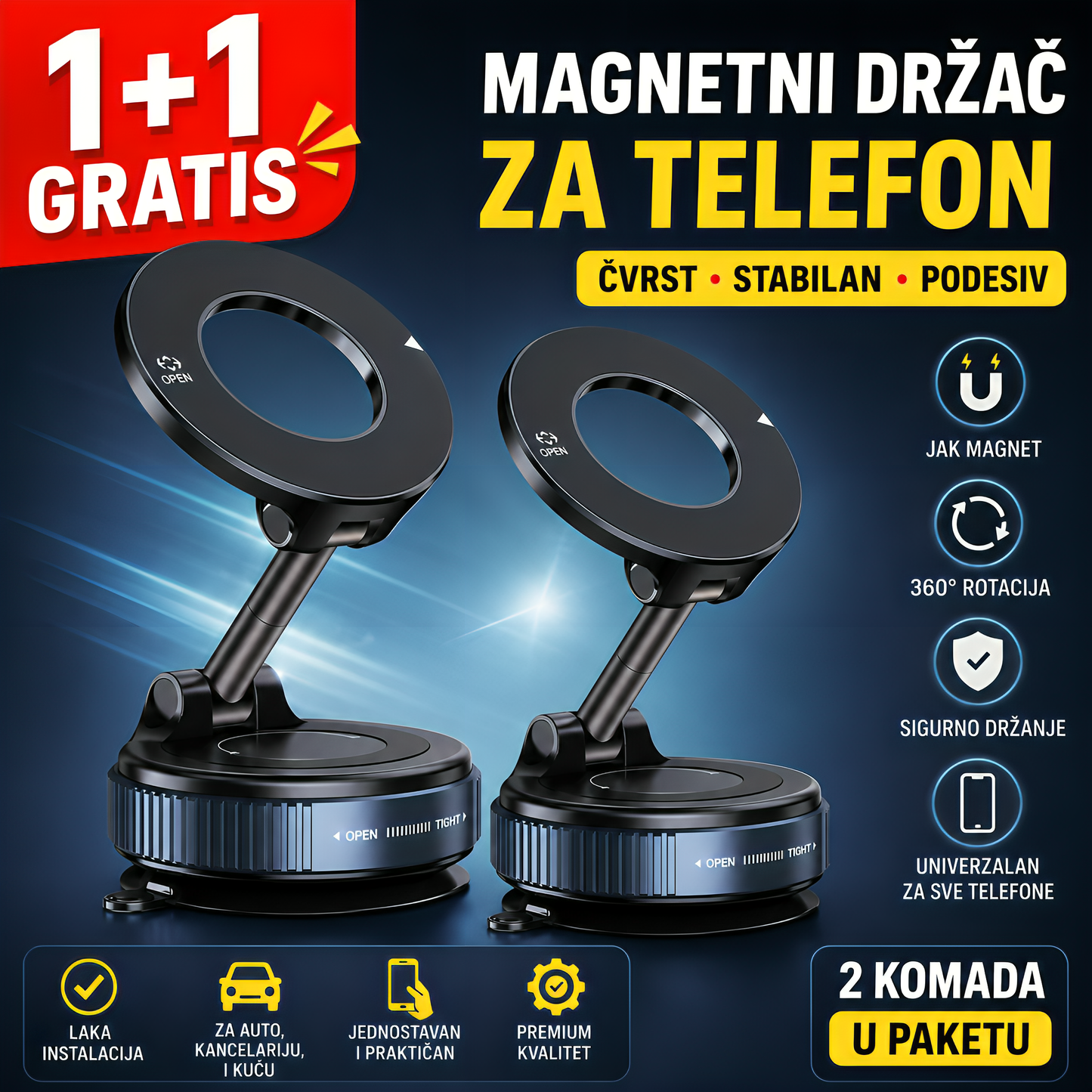 Magnetni Vakumski Držač za Telefon – 360° Rotacija i Ultra Jako Držanje 1+1 Gratis