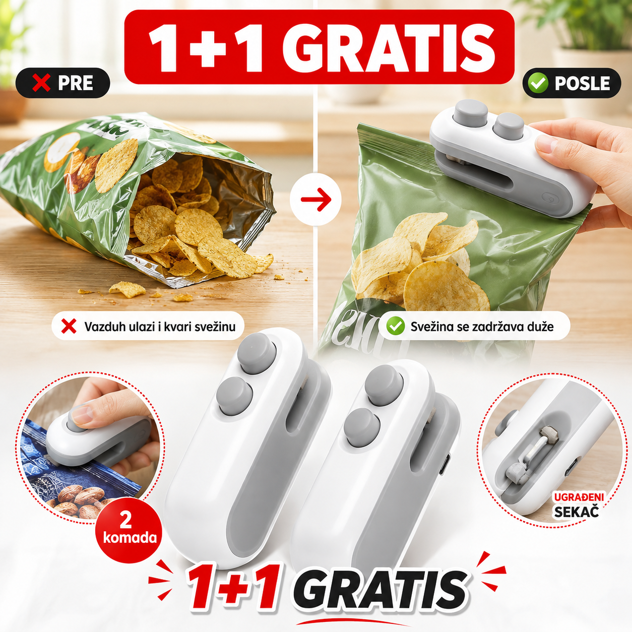Zatvarač za Plastične Kese 2u1 – Sečenje i Hermetičko Zatvaranje 1+1 Gratis
